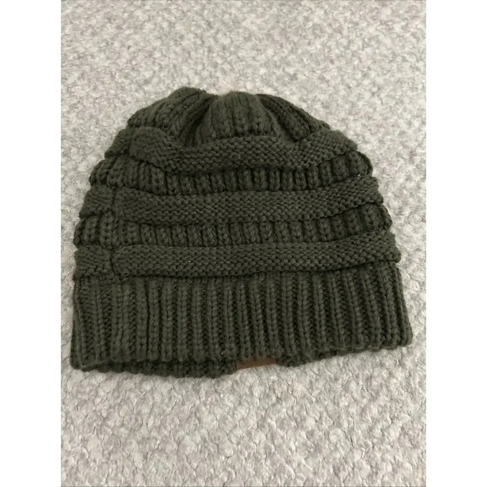CC Exclusives Beanie Women's Knit Slouchy Cap Hat Olive Ponytail Hole Ski